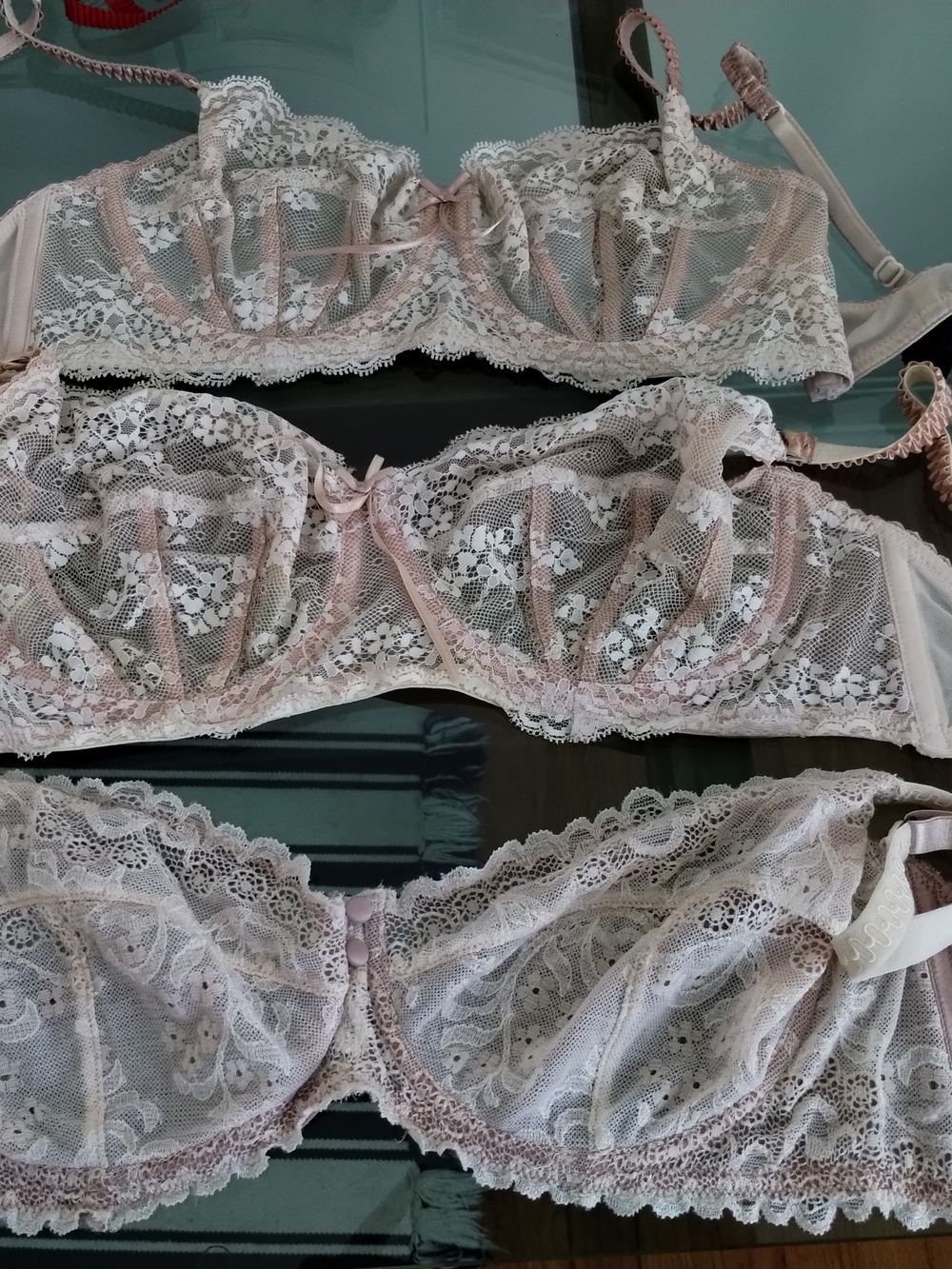 3  Sheer Lace Underwire Bra - Light Pink & Ivory Plus One